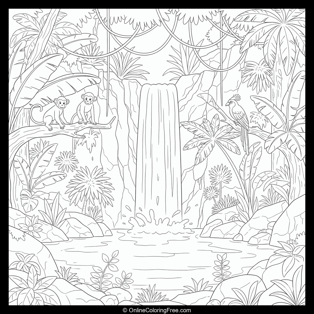 Jungle Waterfall With Monkeys