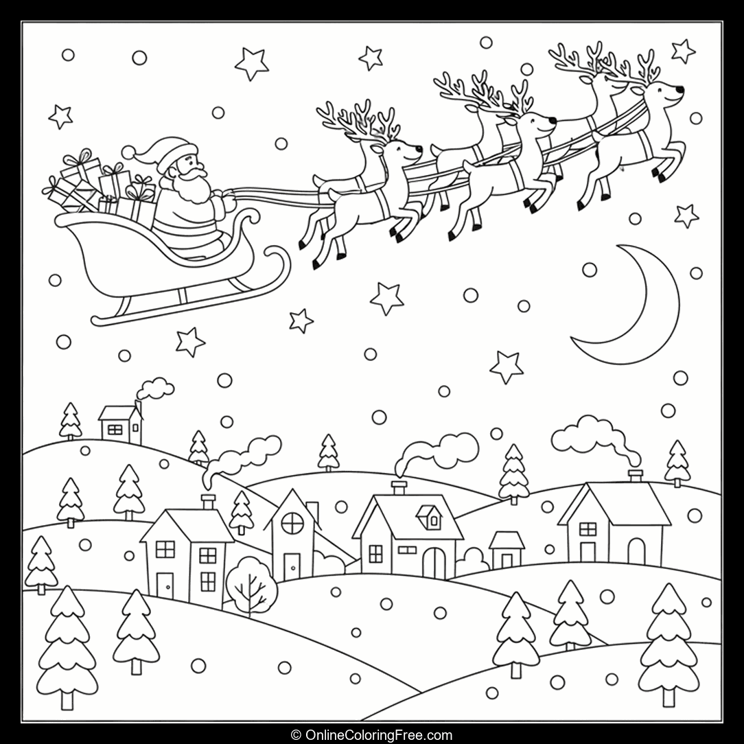 Santa Over Snowy Village