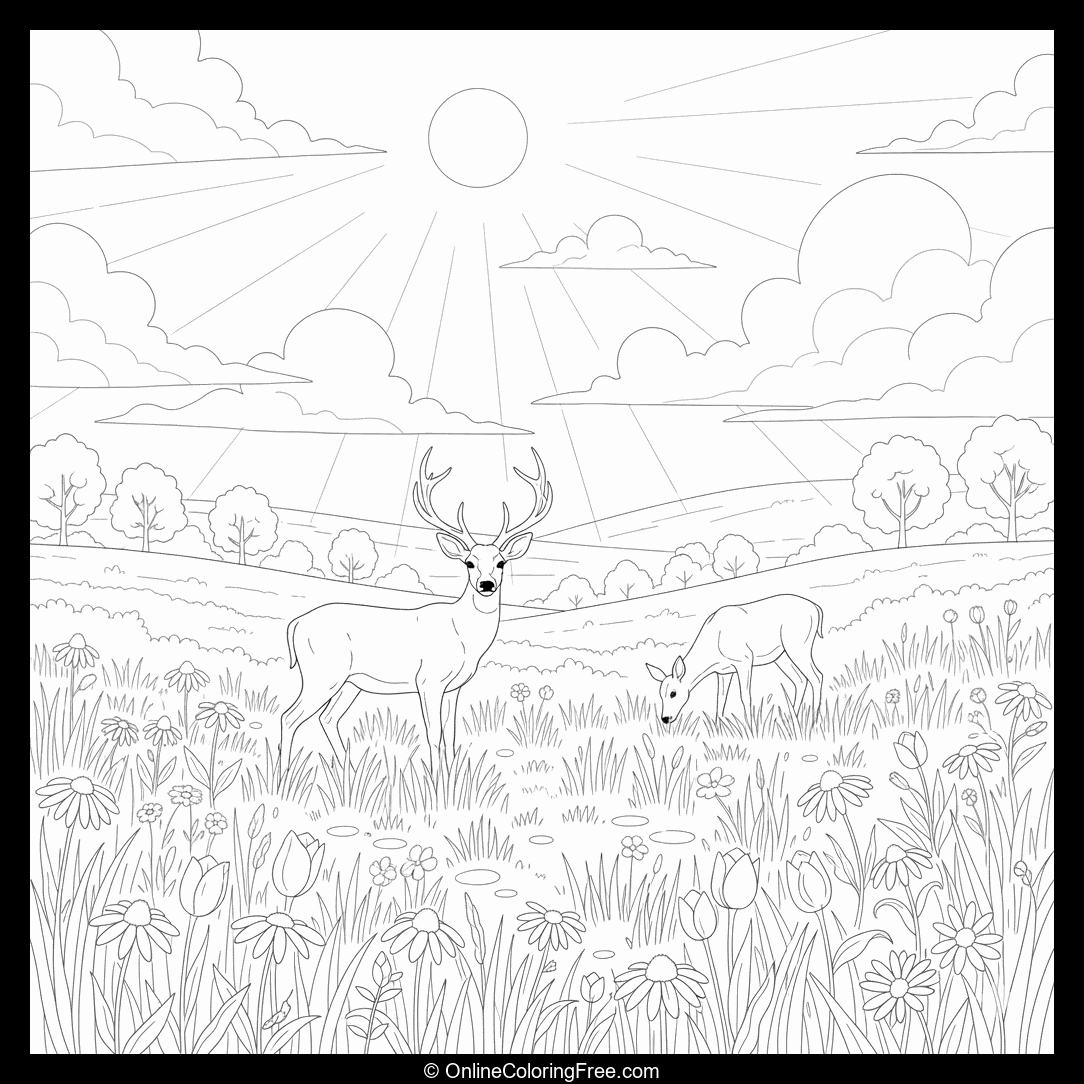 Sunlit Meadow With Deer
