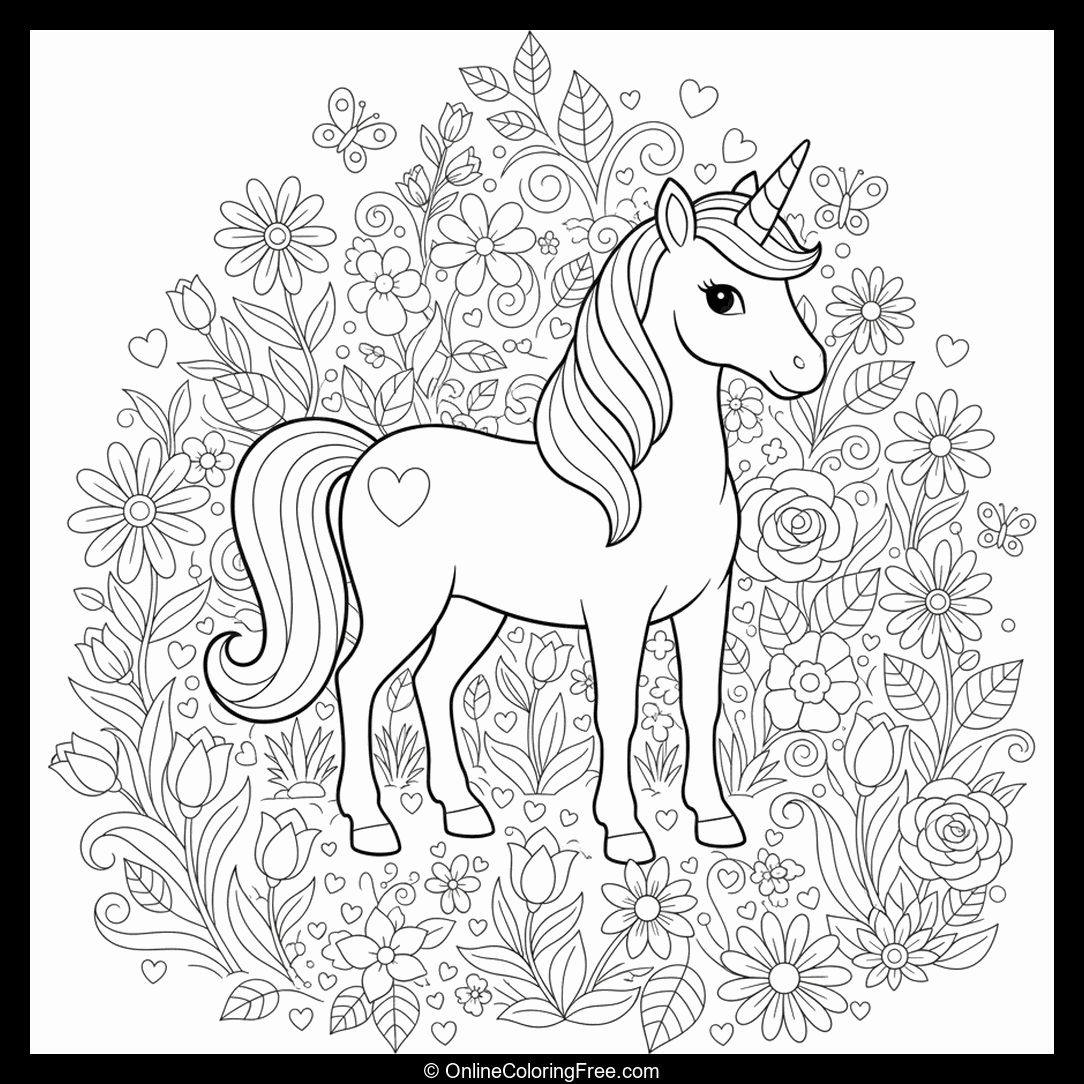 Unicorn In A Flower Garden